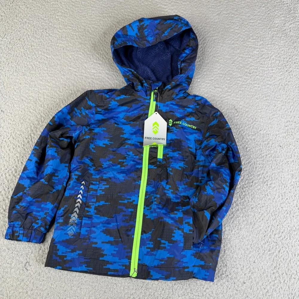 Free Country Jacket Boy XS 5/6 Blue Digital Camo Windshear Hood Fleece Lined Zip